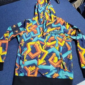 DENIS Graffiti Arrow Print Hoodie Pullover Sweatshirt Orange Yellow Blue Size S